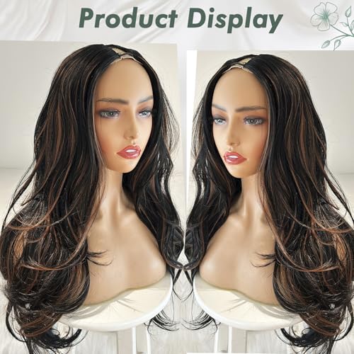 LEOSA Ombre Brown Long V Part Butterfly Haircut Layered Wig for Women Synthetic Layered Clip in Natural Straight Half Wigs Glueless Daily Use 26 Inch — view 6