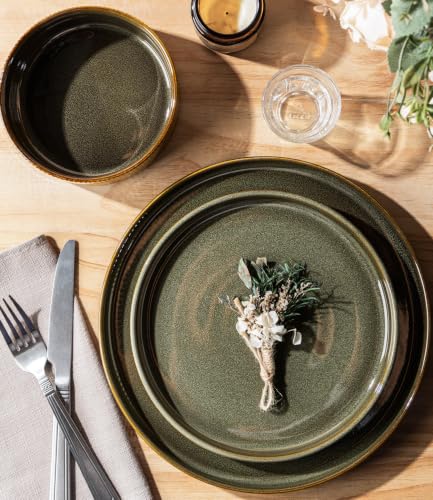 Image of Ceramic Dinnerware Set for 6, 18-Piece Plates and Bowls Set | Lightweight Porcelain Dish Set, Scratch Resistant, Oven & Microwave & Dishwasher Safe, Olive Green