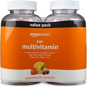 Amazon Basics Kids' Multivitamin Gummies, Cherry, Strawberry &amp; Orange, 380 Count (2 Packs of 190) (2 per Serving) (Previously Solimo)