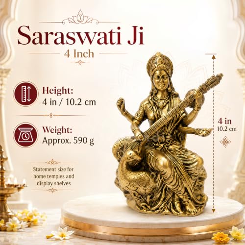 Image of Brass Saraswati Ji Idol, Vastu Remedy for Wisdom & Learning (4 Inch, 200 g)