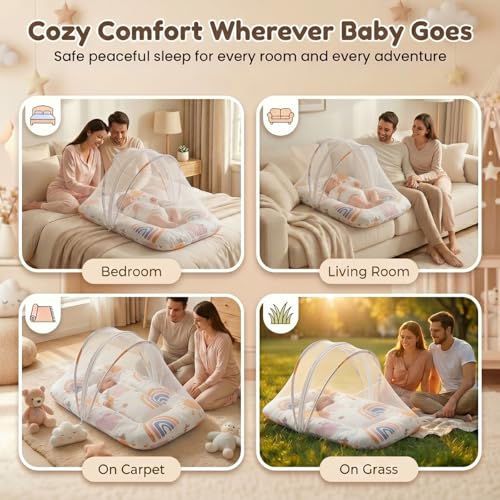 Image of StarAndDaisy 3 in 1 Premium Baby Bedding Set for New Born Baby, Bed Mattress with Mosquito Net & Neck Pillow, Sleeping Nest Travel, Infant Toddler Bed Set Gifts for Baby Boy Girl 0-12 Months..