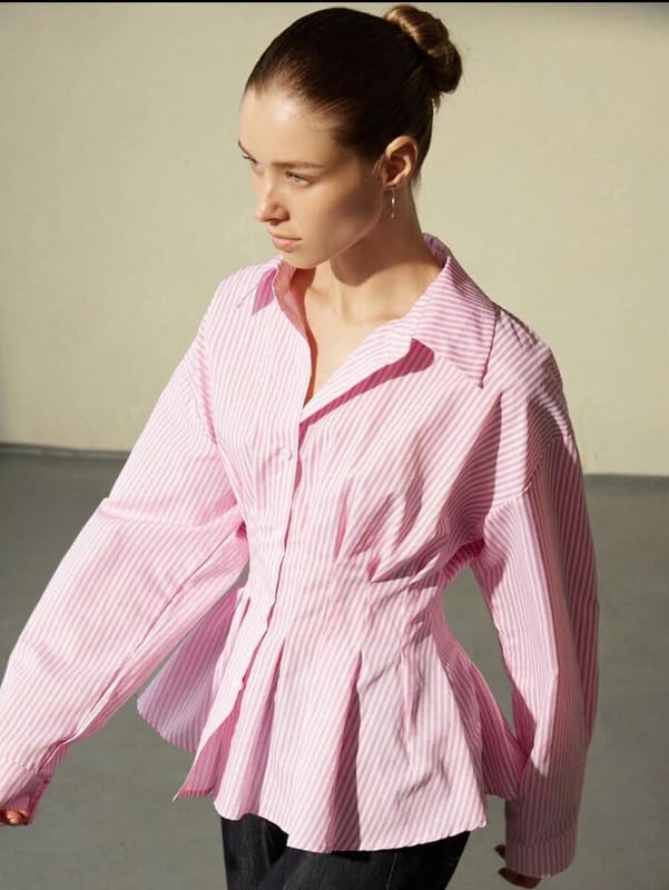 Image of Women's Pink Striped Button-Up Shirt with Cinched Waist Pleated Detailing Long Sleeves Collared Neckline Structured Feminine Casual Office Top - Pink