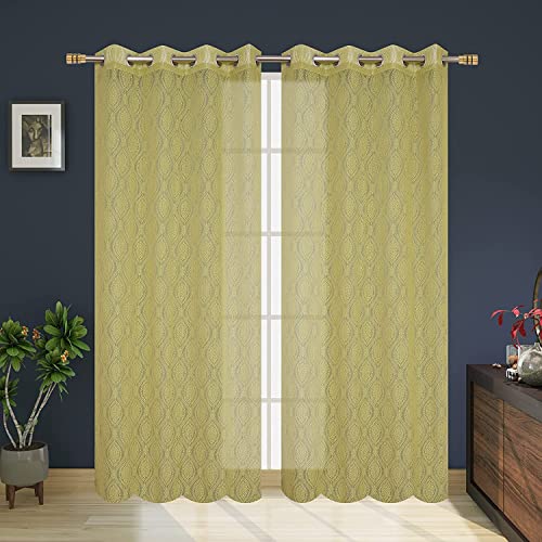 Image of Fabrilia Polyester Sheer Net Damask Design Semi Transparent Eyelet Long Door Curtains 9 feet Set of 2- Green
