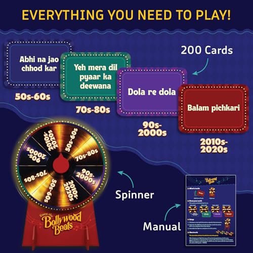 Image of Gouda Games Bollywood Beats - Spin the Wheel Song Guessing Party Game, Dumb Charades Style Bollywood Game, Act & Guess Songs, Family Game Night, Gift for Teens, Adults & Bollywood Fans