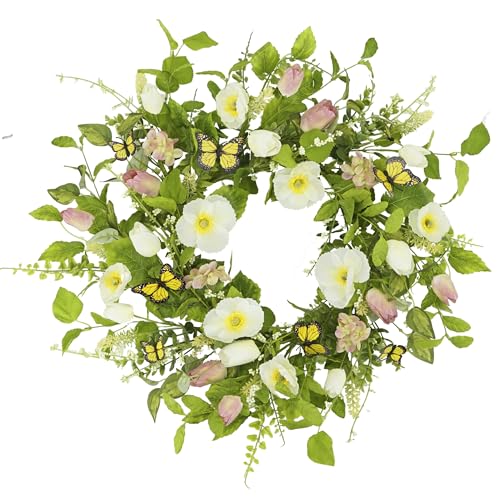 YNYLCHMX 18' Spring Summer Wreaths for Front Door, Artificial Floral Wreath with White Flower Eucalyptus Leaves Butterfly, Green Foliage Wreath for Wall Window Farmhouse Party Holiday Home Decor