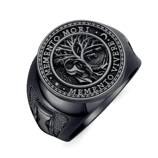 HARMONY BOLA Memento Mori Anillo para hombre de plata de ley 925, diseño de calavera gótica, color negro, talla 9