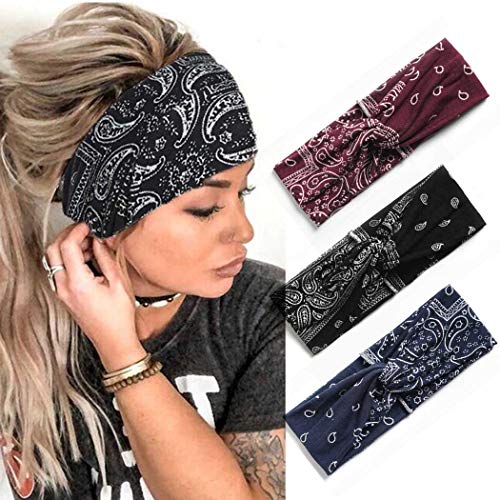 Morebrave Boho Headbands Black Stretch Hair Bands African Wide Headbands Cross Turban Head Wraps Yoga Head Bands Knotted Hair Scarf Stylish Elastic Bandeau Hair Band for Women and Girls Pack of 3