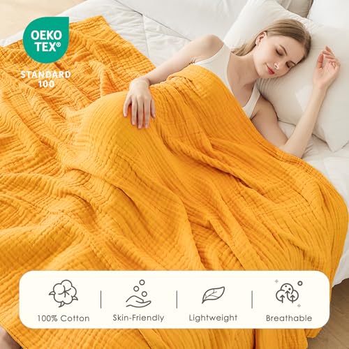 Image of EMME Muslin Blankets for Adults Throw Blanket for Couch Breathable Gauze Soft Lightweight Airy Mustard Yellow Throw 50 inch x 60 inch