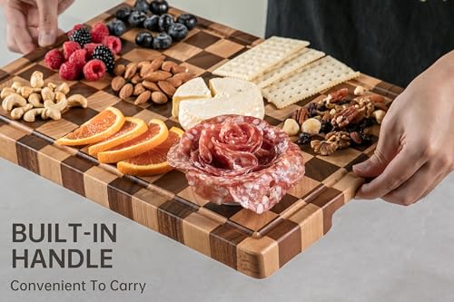 Image of THETCHRY Cutting Boards for Kitchen, Checkered Cutting Board Upgraded, Acacia Wood Chopping Board with Juice Grooves & Handles, Large Butcher Block Serving Tray with Gift Box, 17 inchX12 inchX0.8 inch