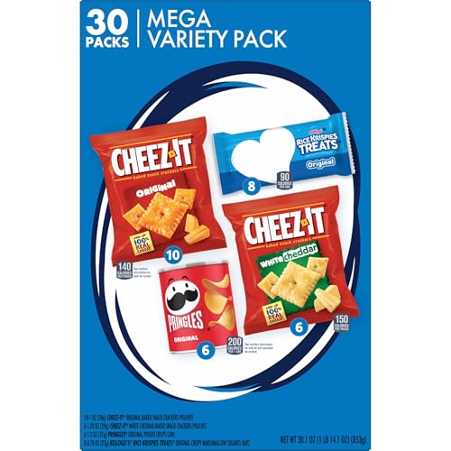 Kellogg's Cheez-It, Pringles & Rice Krispies Treats Snacks Mega Variety Pack, 30.1oz Box (30 Count)