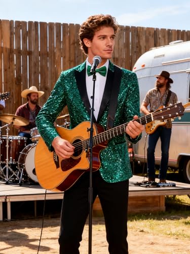 Image of Barry.Wang Mens Sequins Blazer Sparkle Dress Suit Jacket Cocktails Shiny Metallic Disco Dance Party Tuxedo Homecoming