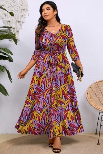Image of Runwind Plus Size Dress for Women - 3 /4 Sleeve V Neck Maxi Dresses for Women (XL-6XL)