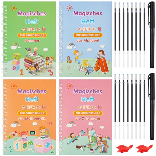 OFFCUP Magisches Heft, 4pcs Magisches übungsheft deutsch, Groove Calligraphy Wiederverwendbares Handschrift Workbook mit 2 Stifthaltern 16 Stiftminen, 2 Schreibhilfe-Silikongreifern (zufällige Farben)
