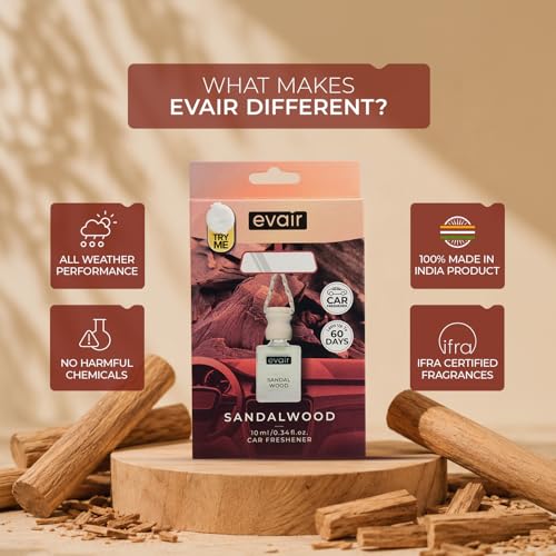Image of Evair Car Air Freshener with Essential Oils Fragrance in Glass Bottle with Wooden Diffuser Lid | 10 ml - Pack of 1 (Sandalwood)