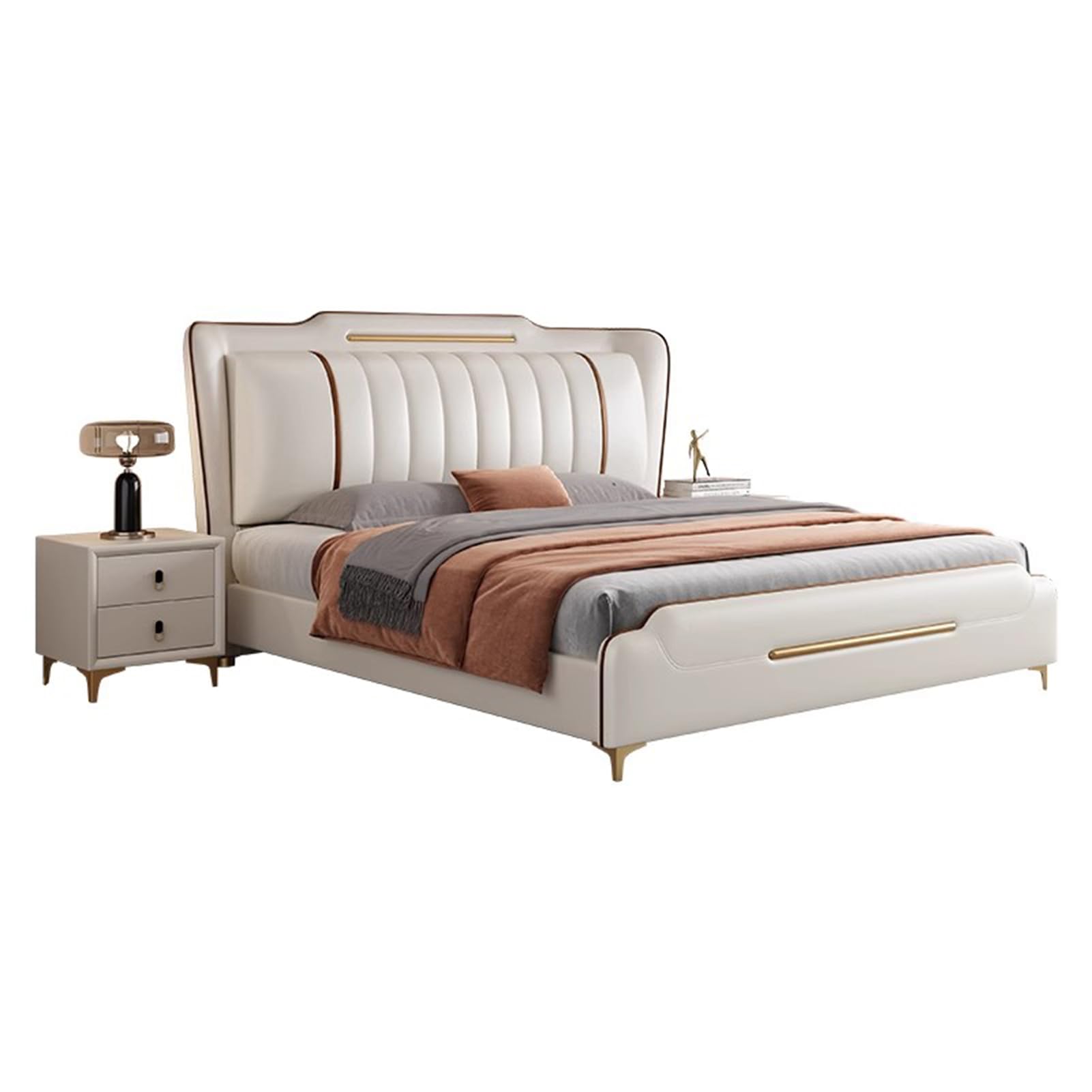 Modern Luxury King Size Genuine Leather Wood Bed Upholstered Platform Bed Frame with Headboard and Drawers Strong Wooden