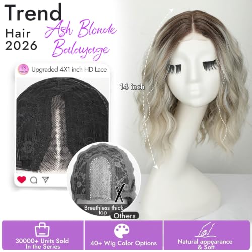 Image of Eawwii Wigs for Women Ash Blonde Balayage,Short Wavy Synthetic Lace Wig