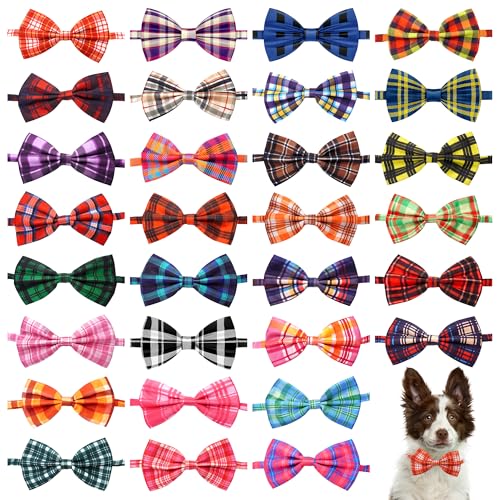 Pai Sence Dog Bow Ties Bulk 30 Pcs Plaid Dogs Bowties for Large Dogs Adjustable Bow Ties Pet Party Grooming L