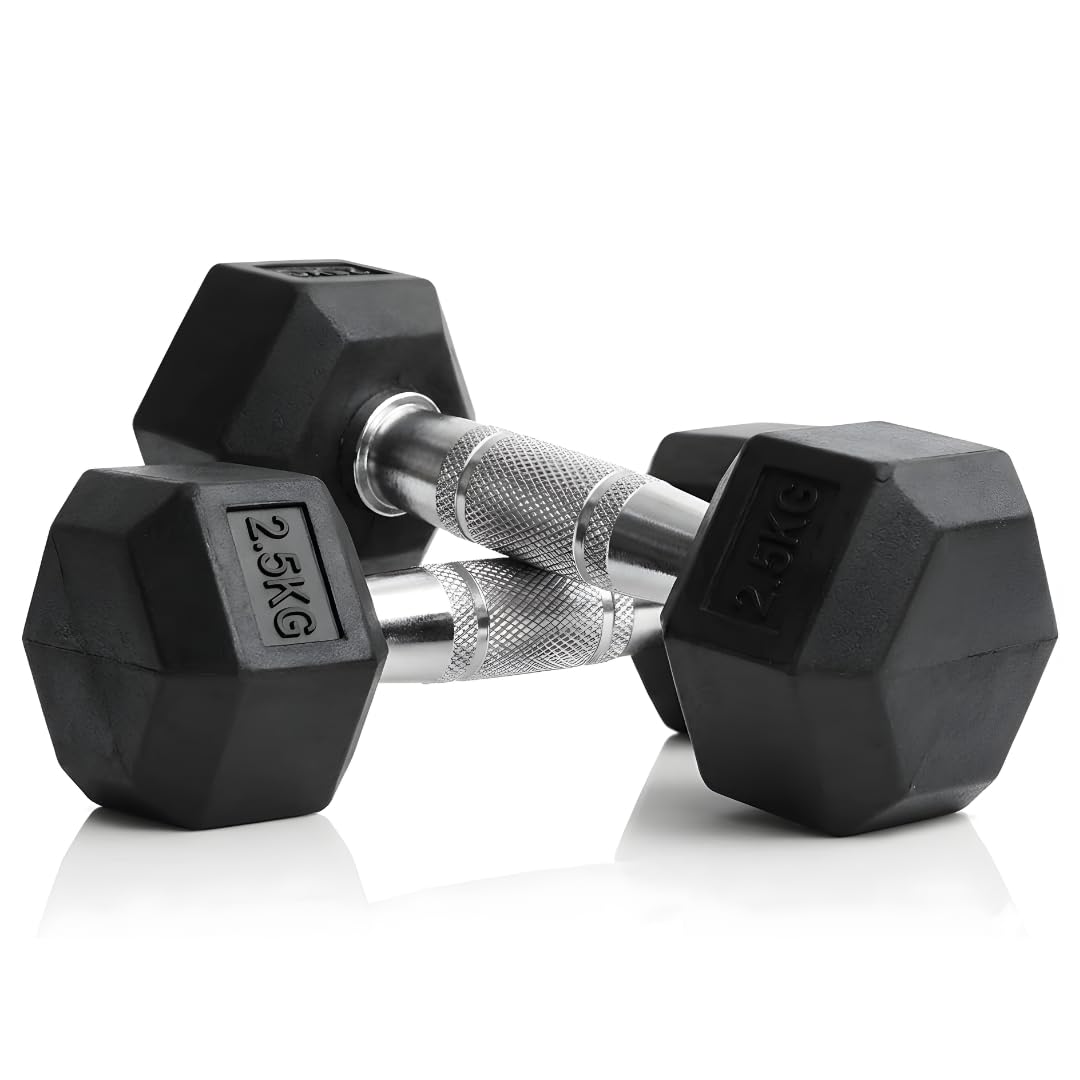 Beastor Rubber Encased Hex Dumbbells 2.5kg x 2 | Solid Steel Core Anti-Roll Hex Dumbbell Set for Home Gym | Professional Strength Training, Full Body Workout, Functional Fitness & Muscle Building (2.5kg pair)