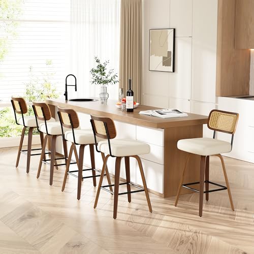 Image of Swivel Bar Stools Set of 5, 26 inch Upholstered Faux Leather Counter Height Barstools with Rattan Back & Bentwood Legs, Mid Century Modern Bar Chairs Island Stools for Kitchen Counter, Cream White