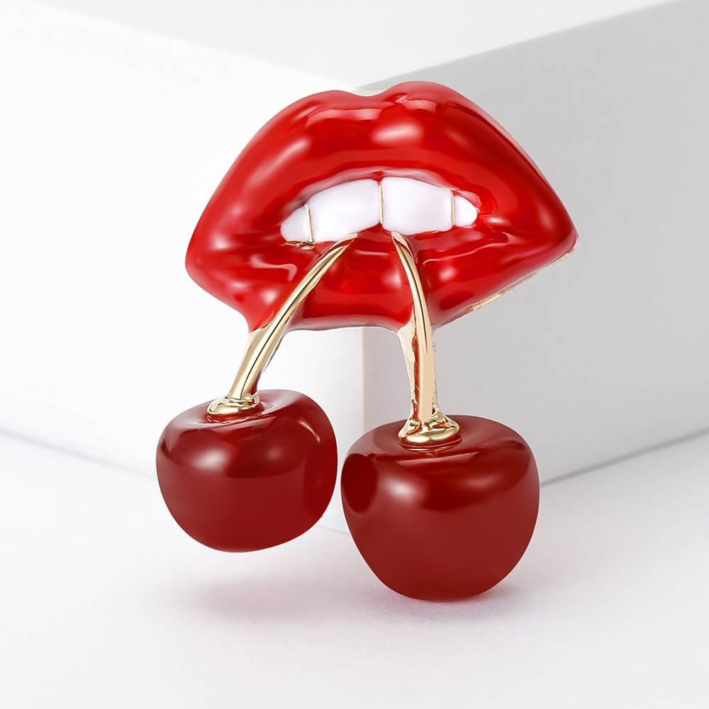 Lips Biting Cherries Fashion Brooch for Women Men Unique Style Sexy Lip Brooches Corsage Lapel Pin Elegant Clothing Accessories for Hat Suit Decoration Pins Dainty Jewelry for Girlfriend Charms Ladies - Image 4