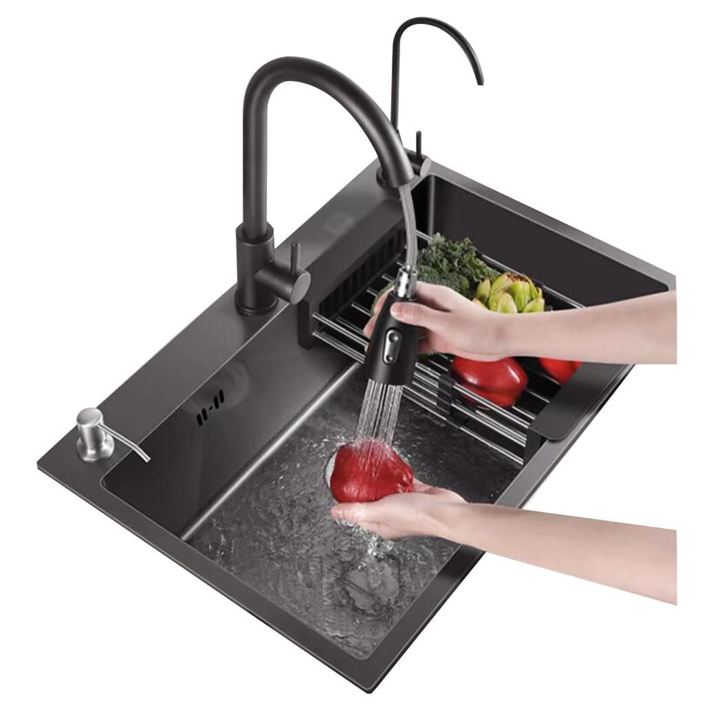Fregadero de acero inoxidable negro mate con grifo extraíble y cubeta profunda de diseño