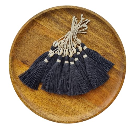 Image of Zippy Flora Handmade Cotton Tassels with Cowrie Shells for DIY & Crafts Project, Pack of 10 (Dark Grey)