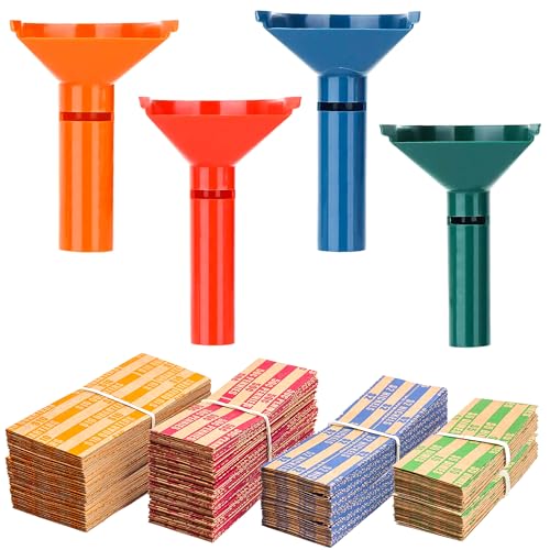 PM Company Color-Coded Coin Counting Tubes with 180 Assorted Flat Coin Wrappers for Pennies Through Quarters - Blue, Green, Orange, Red Set of 4 Tubes