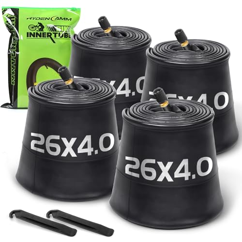 Hydencamm 4 Pack 26x4.0 Fat Bike Tube, 26 x 3.5-4.0 AV Schrader Valve, Premium Butyl Fat Tire Tube 26x4 with 2 Tire Levers, 26x4 Tube Compatible with Mountain, City and Road Bikes, E-Bike, Fat Bike