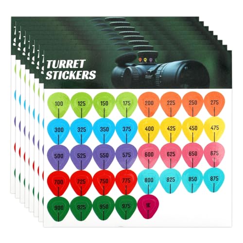 Penitue 8 Sheets Color-Coded Turret Stickers, Dope Tags Most Scope Caps Label with 100-1000 Yard Range Card Markers for Long Range Adjustment Hunting & Fit Practice Accessories