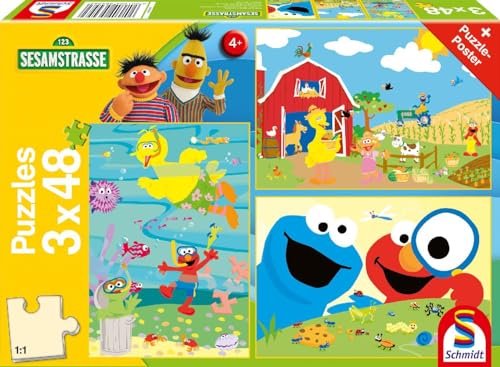 Schmidt Spiele 56458 Sesamstraße, Tierisch stark, 3x48 Teile Kinderpuzzle, Normal