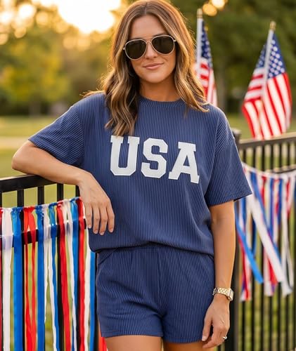 Image of MARZXIN Women 2 Piece Shorts Set 2026 Casual Summer Cruise Outfits Ribbed Loose Short Sleeve Pocket Matching Lounge Sets