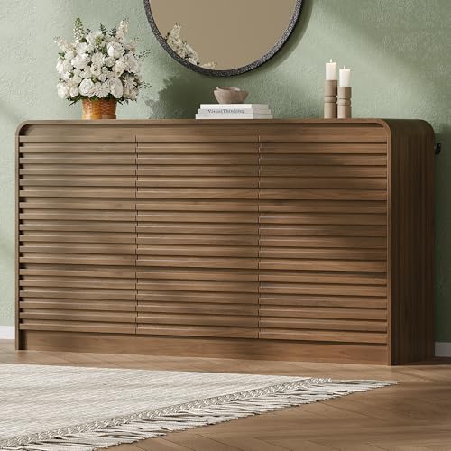 Image of 9 Drawer Dresser for Bedroom,59 inch Wide Fluted Dresser with Curved Edge and Ergonomic Handleless, Large Wooden Clothes Storage Organizer, Modern Chest of Drawers for Closet, Living Room,Walnut