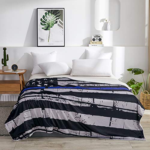 Patriotic US Blue Flag Bed Blanket Law Enforcement Sherpa Throw Blanket American Fleece Plush Soft Cozy Warm Reversible Blanket for Couch 70\"x78\"-Travel Stripe Throw for 4th of July Independence Day
