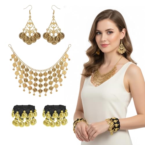 5 Stück Bauchtanz Kostüm Damen, Bauchtanz Accessoires Set mit Halskette, Ohrringen und Armreifen, Bauchtanz Outfit für Auftritte Wettbewerbe und...