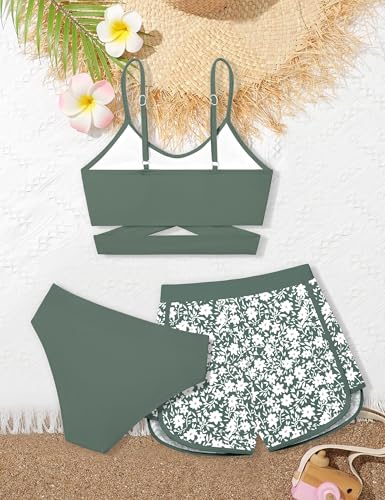 Image of Girls Swimsuit 3 Piece Bathing Suit Criss Cross Bikini Set Girls' Swimwear with Shorts 7-16T