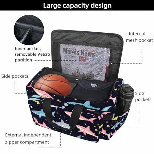 Foldable Travel Duffel Bags for Men and Women, Waterproof Weekender Overnight Gym Bags, Cartoon Sharks2