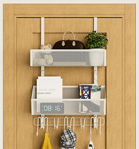 Mlesi Over The Door Organizer Hanging Coat Rack with 2 Mesh Baskets 11 Hooks, Stainless Steel Door Hanger Back of Door Storage Shelves Towel Rack for Bathroom, Bedroom, Kitchen (Ivory)