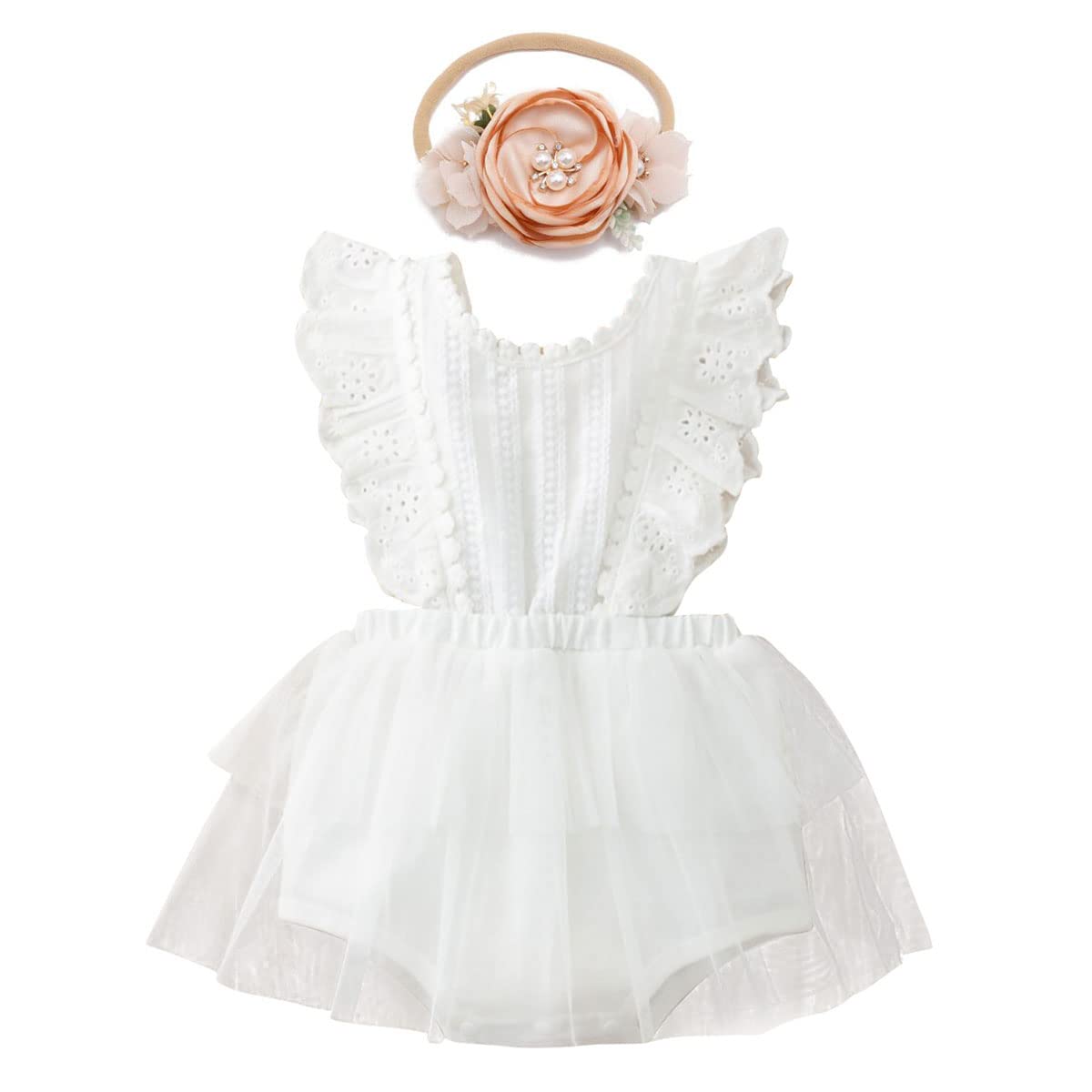 ODASDO Baby Girl Lace Romper Delicate Embroidery Backless Bodysuit with Flower Headband 2pcs Cake Smash Outfit…