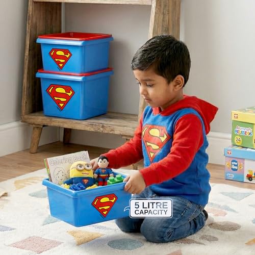 Image of Nayasa Stack N Store Superman, Small, 5 ltrs | DC Superhero Print Plastic Storage Boxes Set of 3 with Lid | Side Handles | Stackable Multipurpose Organizers | Strong & Durable | Blue