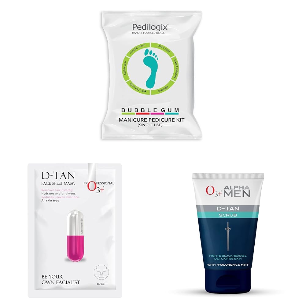 O3+ Pedilogix Bubblegum Manicure Pedicure Kit for Hand and Feet Lightening & O3+ Facialist Dtan Face Sheet Mask With Niacinamide reduced dark spots, acne scars, and discoloration while giving ultimate brightening & O3+ ALPHA MEN Acno D-TAN Scrub With Hyaluronic & Mint 50g-image-32