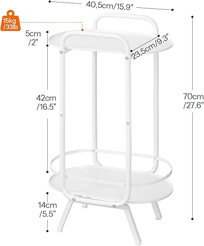 Miniatura 3 de HOOBRO Mesa auxiliar redonda pequeña, bonita mesita de noche blanca, mesa auxiliar ovalada de 2 niveles con bandeja de almacenamiento, para sala de