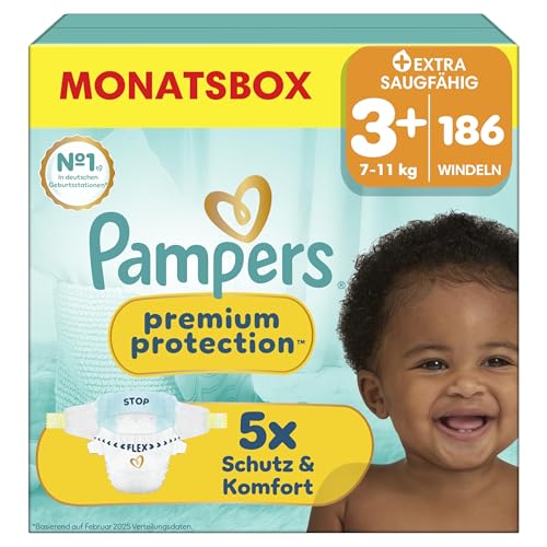 Pampers Premium Protection Größe 3+, 186 Windeln, 7kg-11kg