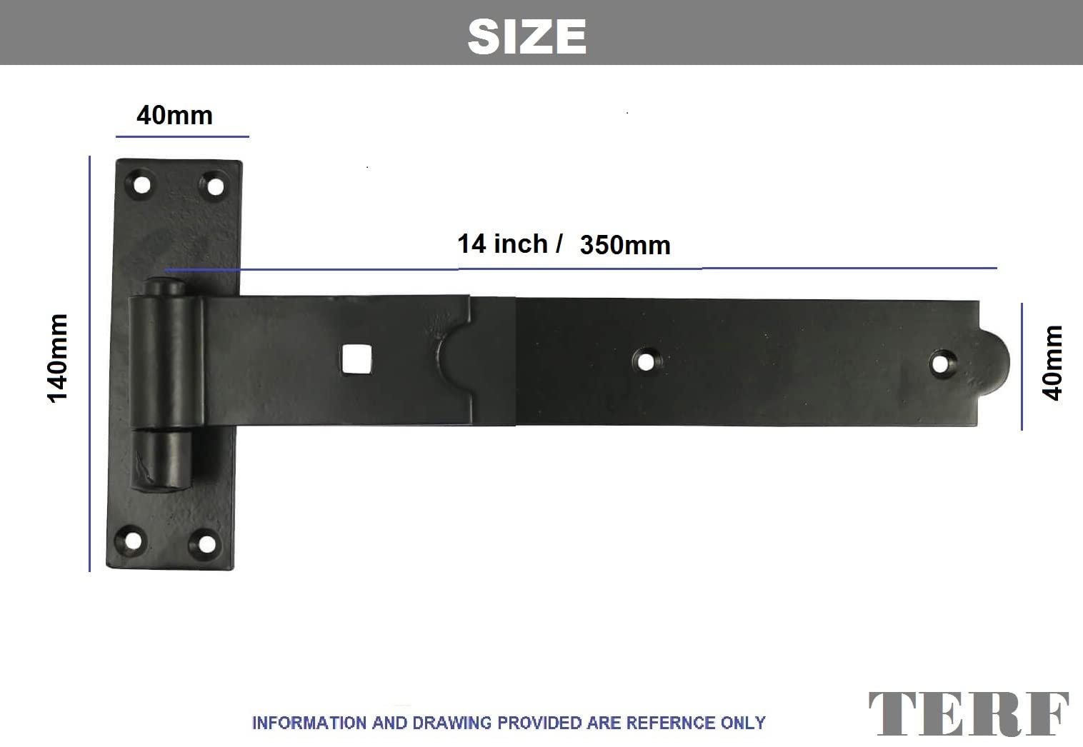 TERF® Gate Hinges Straight Flat Hook & Band Heavy Duty Black 350mm (14 inch) Including Fixing Screw for Use with Gate Shed Barns Garages Stables Commercial and Multi Purpose Use - Image 3