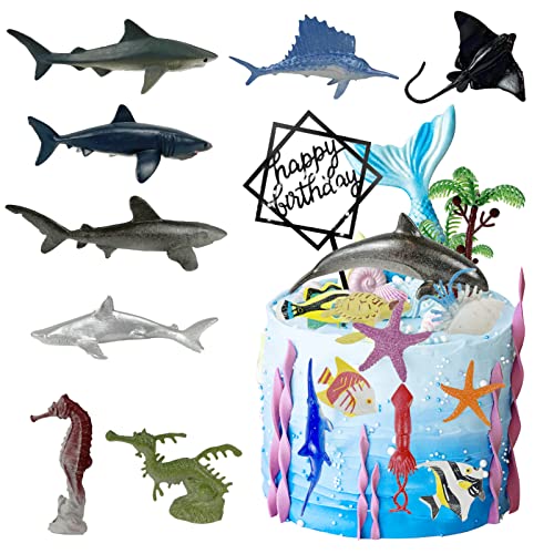 22 Pack Shark Cake Topper, Sea Creatures Figurines Decor, Ocean Theme Birthday Party Cupcake Picks Decor, Starfish Sea Grass Turtle Cake Decorations For Kids Boys Girls Baby Shower Party Supplies #TOP30