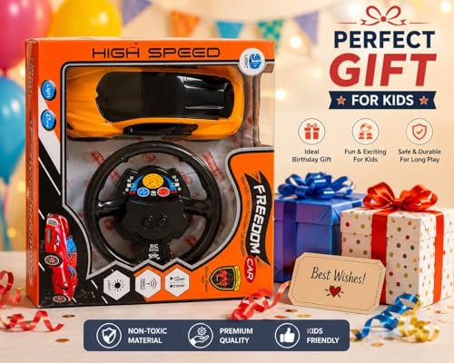 Image of High Speed RC Racing Car with Steering Wheel Remote, Featuring 3D Light Effects, Forward & Reverse Motion, Battery Operated, Easy to Operate for Kids, Indoor Outdoor Fun.