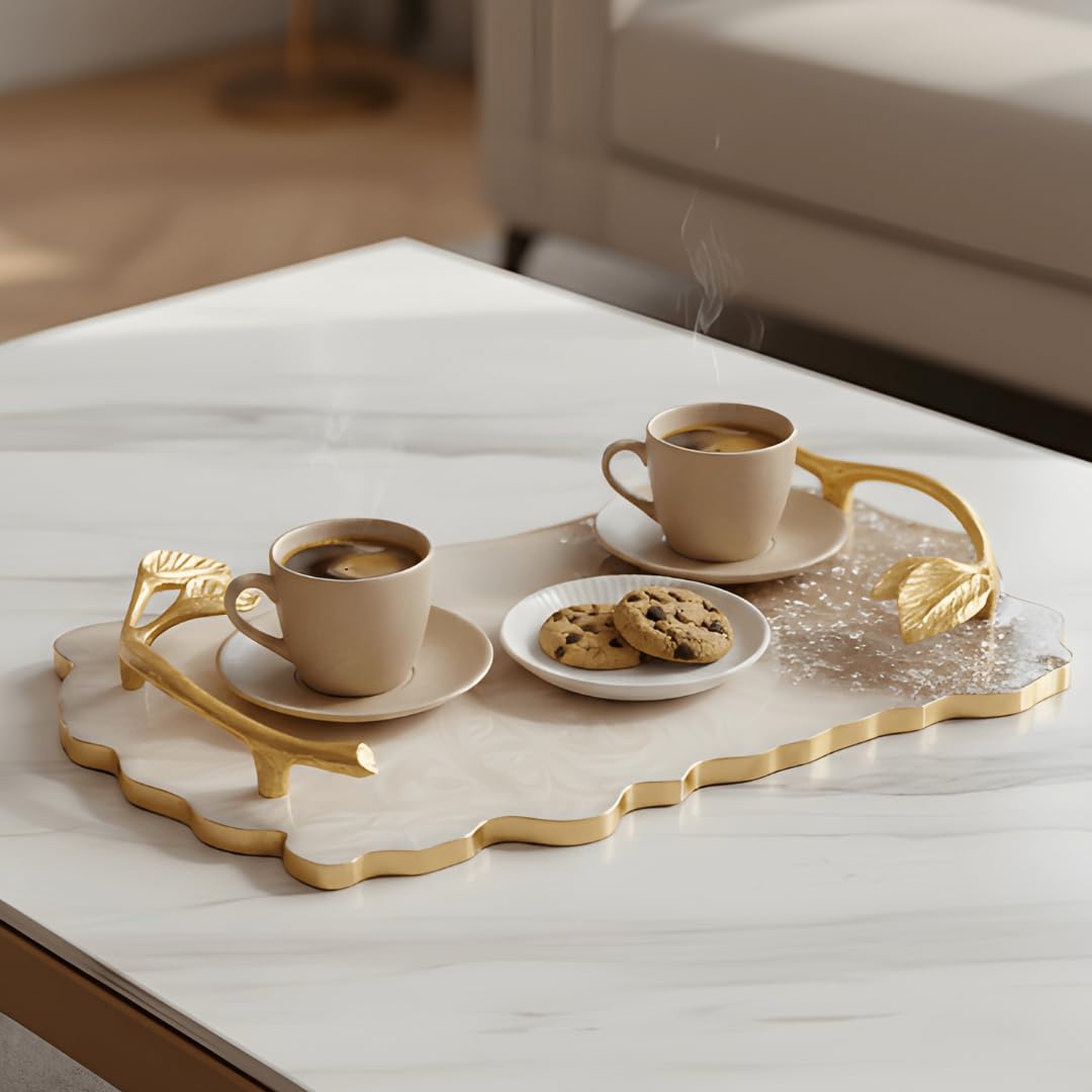 Decorative Resin Serving Tray with Gold Leaf Handles, Luxury Platter for Tea, Coffee, Cake,Elegant 14x10 Inch Rectangular Tray for Dining & Entertaining-image-24
