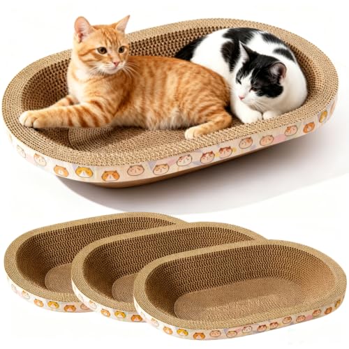 Spindro 3er-Pack Katzenkratzbrett aus Wellpappe, Großes ovales Katzenbett Kratzpad Liege Couch-Schutz Schüsselförmiger Kratzbaum-Ersatz Nest für Katzen Krallenpflege Möbelschutz