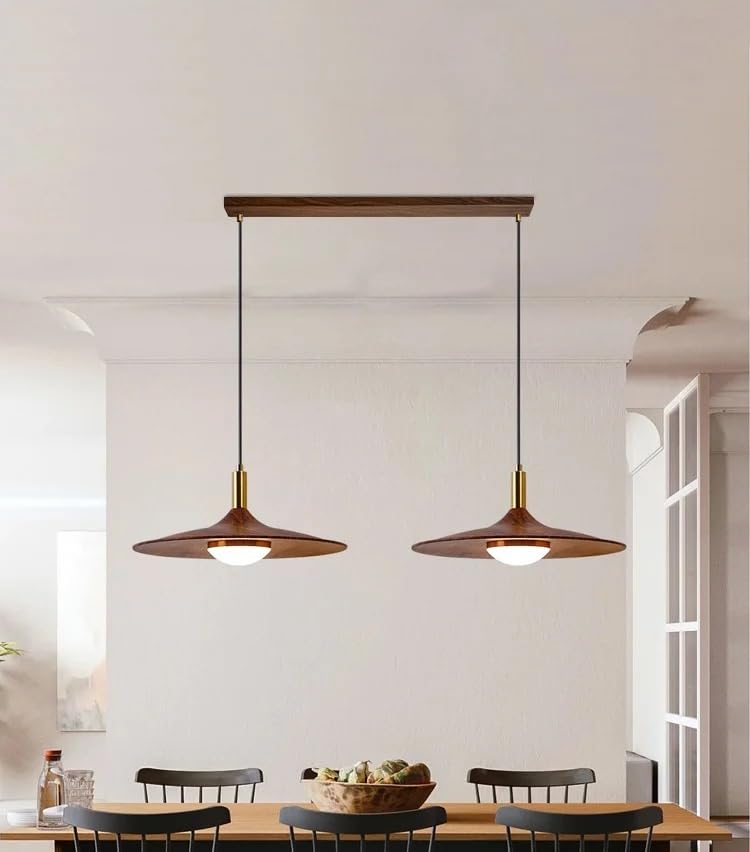 Lustre UFO en noyer 50cm suspension moderne 2 lampes pour salle à manger