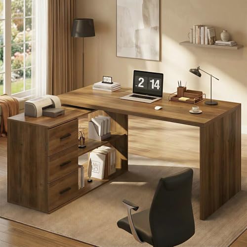 Image of HSH Rustic L Shaped Computer Corner Desk with 3 Storage Drawers 55 inch
