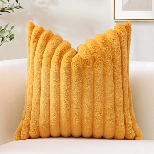 Sungeek Lot de 1 Housse de Coussin 40x40 cm en Fausse Fourrure de Lapin, Housse Coussins Peluche à Rayures Doux Taies d'oreiller en Velours Décoratives pour Lit...
